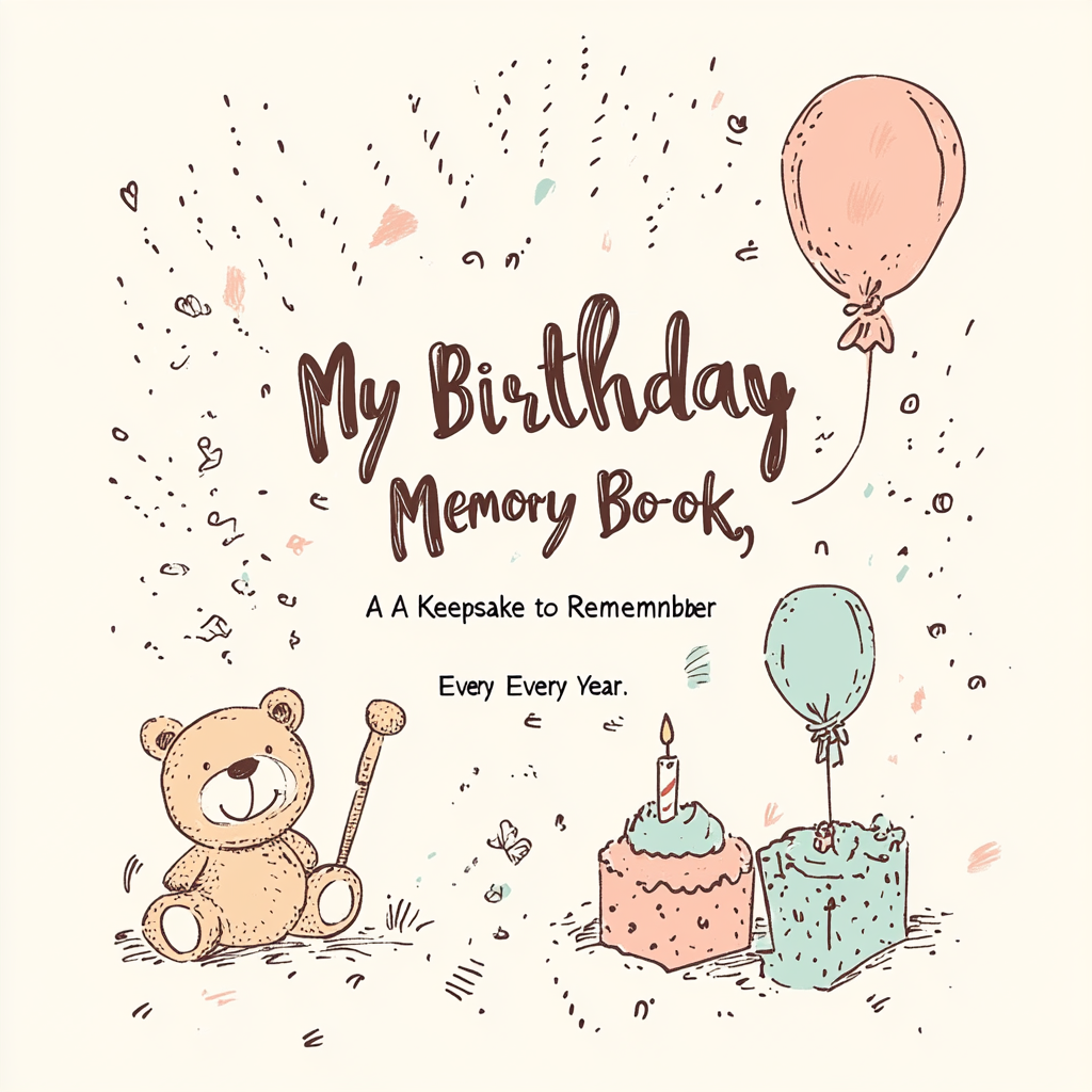 A soft, warm cream-colored background with a subtle paper-like texture. The main title, "My Birthday Memory Book," is centered in large, handwritten-style font in deep brown. Below it, in smaller serif font and in muted gold, is the subtitle: "A Keepsake to Remember Every Year." Surrounding the title are hand-drawn doodles in warm pastel tones (soft pink, muted blue, gentle yellow): a small baby rattle in the top left, a teddy bear sitting at the bottom left, a tiny birthday cake with a candle in the bottom right, and a floating balloon in the top right. Dotted lines in light brown gently connect these elements, creating a trail-like pattern. The cover is minimalist, with soft shadows to add depth but no harsh contrasts.