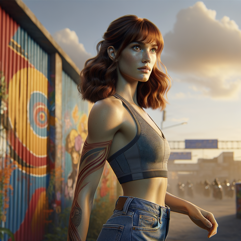 Athletic Thin skinny Attractive, Asian teenage girl, long brown hair and bangs, wearing tight skinny jeans and a halter top paint marks on her clothing, heroic pose Asian graffiti background, side view