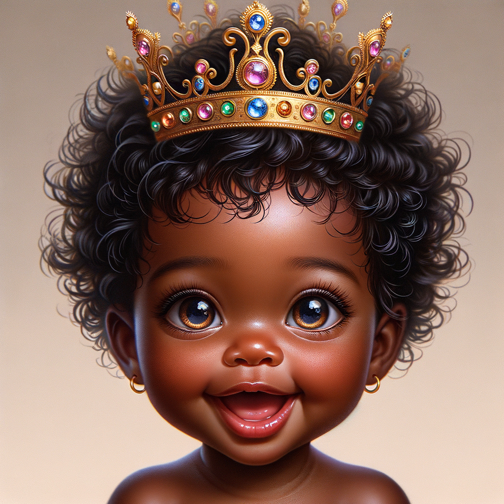 "Create a digital portrait of an adorable african-American baby girl with a joyful expression. She is wearing a gold crown with colorful jewels. Her big, bright blue eyes are wide with wonder, and her tiny mouth is shaped in a happy grin. Her skin has a warm, honey-brown tone, and she has an abundance of thick curly black hair, The background is soft and neutral to keep the focus on her delightful features. The portrait should be vibrant and heartwarming, celebrating the innocence and charm of childhood."