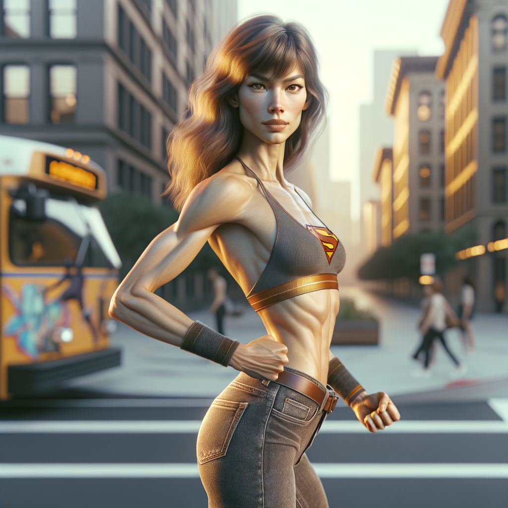 Athletic Thin skinny Attractive, Asian teenage girl, long brown hair and bangs, wearing tight skinny jeans and a halter top paint marks on her clothing, heroic pose Asian graffiti background, side view