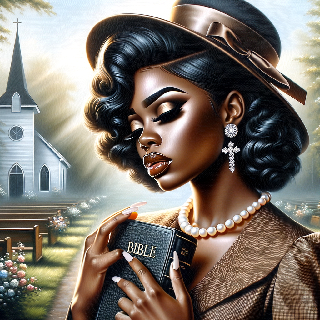 Render an airbrush oil painting of an African American woman with flawless makeup in a
contemplative pose, holding a Bible close to her heart, dressed in an elegant Sunday Best
outfit with a distinctive Church Hat. The background features a peaceful church garden,
with light filtering through the trees, highlighting her spiritual connection and the personal
moment of reflection. The artwork should capture the tranquility of the scene, the beauty
of her attire, and the depth of her contemplation, reflecting a serene and spiritually