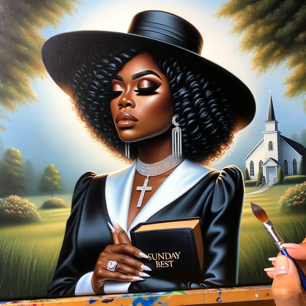 Render an airbrush oil painting of an African American woman with flawless makeup in a
contemplative pose, holding a Bible close to her heart, dressed in an elegant Sunday Best
outfit with a distinctive Church Hat. The background features a peaceful church garden,
with light filtering through the trees, highlighting her spiritual connection and the personal
moment of reflection. The artwork should capture the tranquility of the scene, the beauty
of her attire, and the depth of her contemplation, reflecting a serene and spiritually