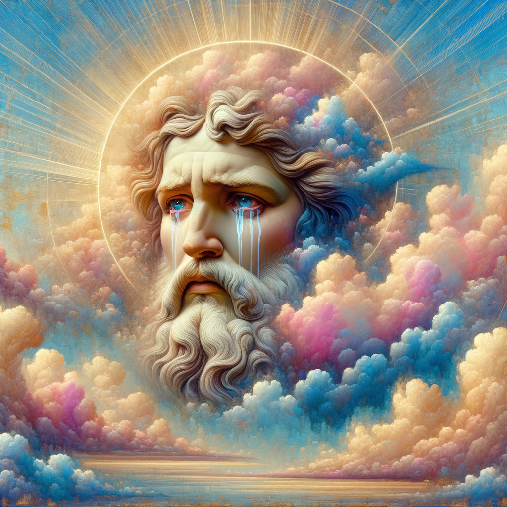 Create a 3-D realistic oil, painting Jesus Christ coming in the blue, gold, pink and white clouds with great power and glory up close, tears rolling down his face,