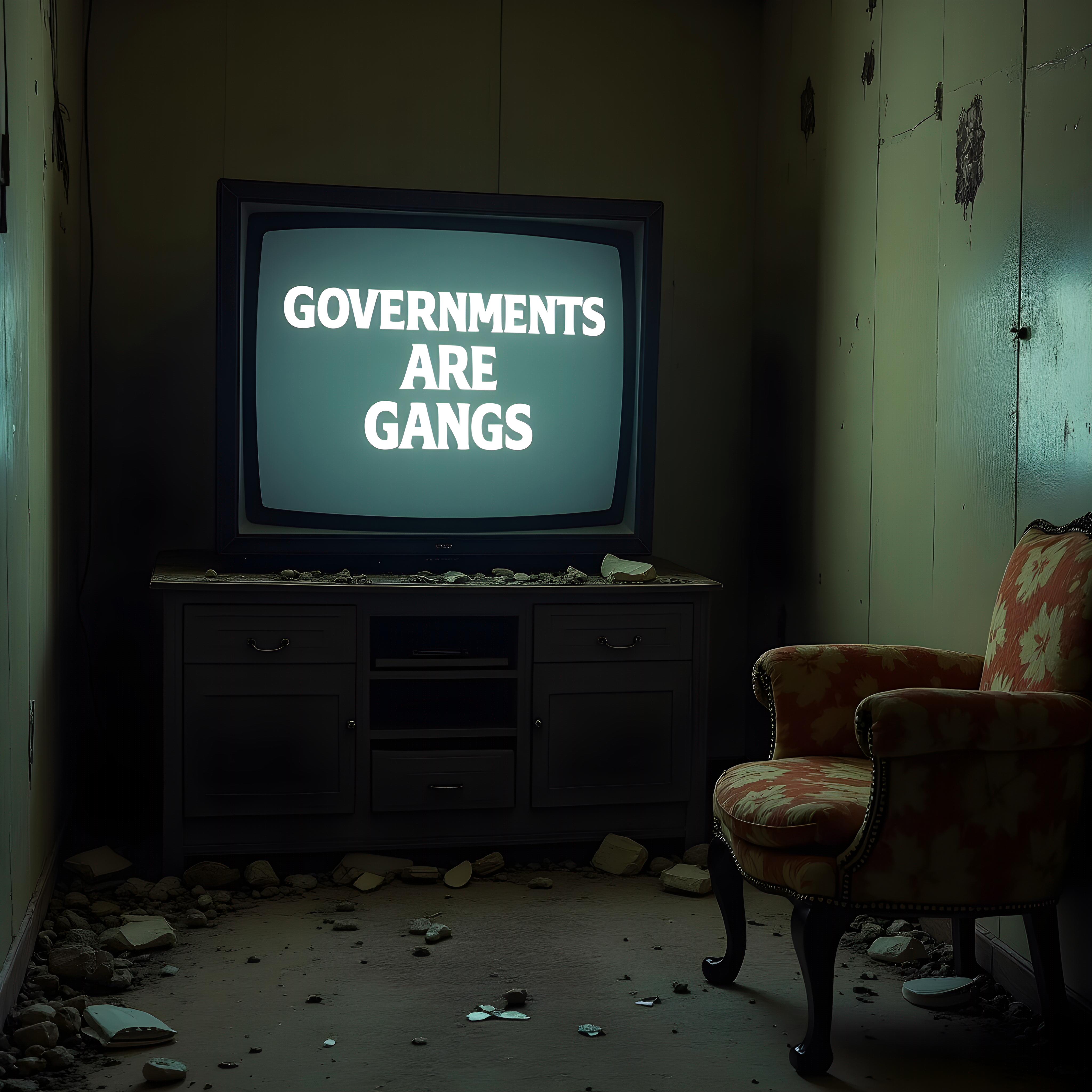 An uncomfortable vandalized room with a tube TV that has an emergency broadcast that says “GOVERNMENTS ARE GANGS” on the screen