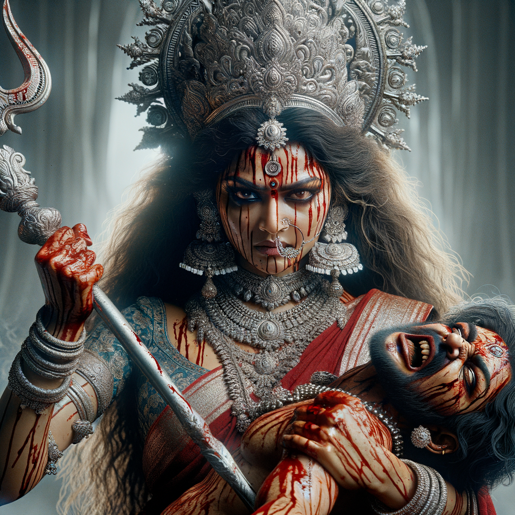 portrait of angry looking goddess durga  carrying a weak mahishasur in her two arms and stabbing him with her amazingly designed trident. She is wearing a huge silver crown, red saree, abundant silver jewelry, covered in blood. The scene is set in ancient India. The image is 8K resolution, cinematic, ultra detailed face and epic.