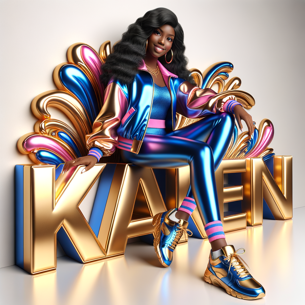 3D writing name "KAREN" bold glossy gold. There is a beautiful African-American latino woman, smiling with long black, wavy hair,, blue and gold trendy jacket and outfits in blue, pink, and gold tones, sport shoes, sitting under the name. Her outfits are glossy. dynamic color explosion background, of pink, blue, gold colors, splashed on white wall