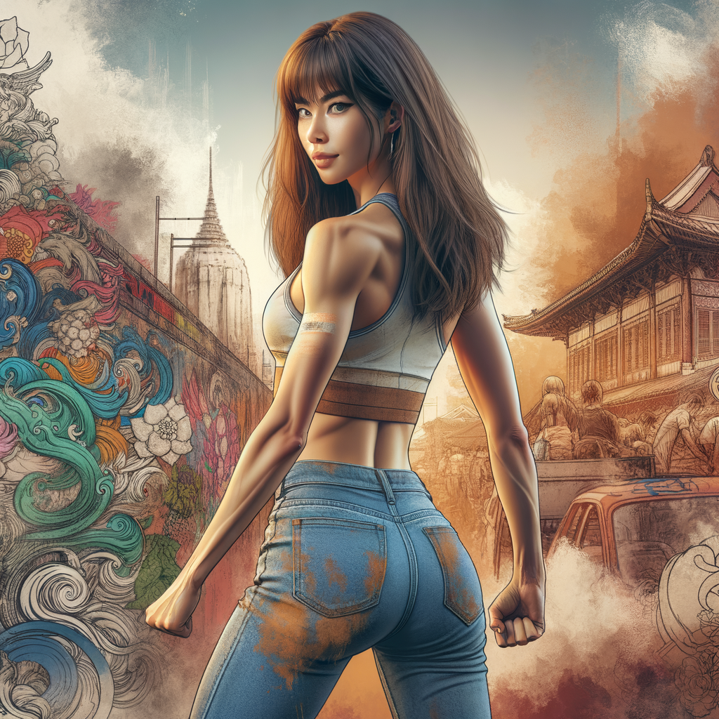 Athletic Thin skinny Attractive, Asian teenage girl, long brown hair and bangs, wearing tight skinny jeans and a halter top paint marks on her clothing, heroic pose Asian graffiti background,  backside view