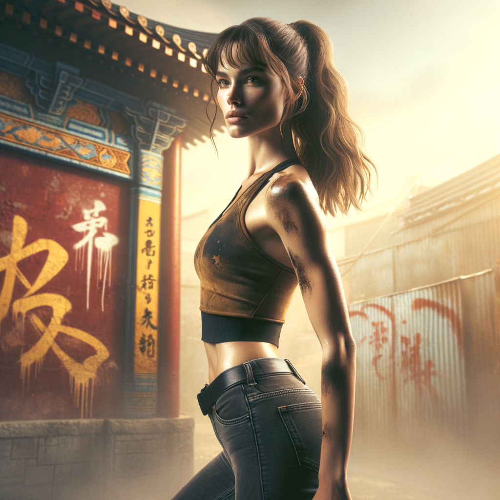 Athletic Thin skinny Attractive, Asian teenage girl, long brown hair and bangs, wearing tight skinny jeans and a halter top paint marks on her clothing, heroic pose Asian graffiti background, side view