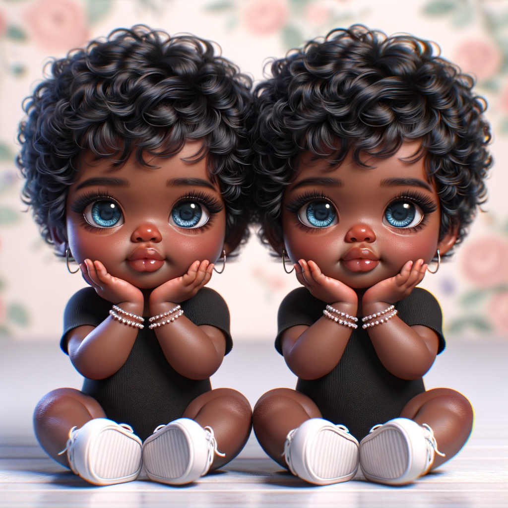 Imagine a pair of adorable, 3D animated african-American, infant twins with radiant blue eyes and curly black hair, posed with their chubby cheeks resting in their hands. They're dressed in simple yet stylish black onesies. Delicate jewelry adorns their wrists. They're seated comfortably with white sneakers on their feet. The background is a soft pastel floral pattern, creating an atmosphere of innocence and charm, without any text present in the image.