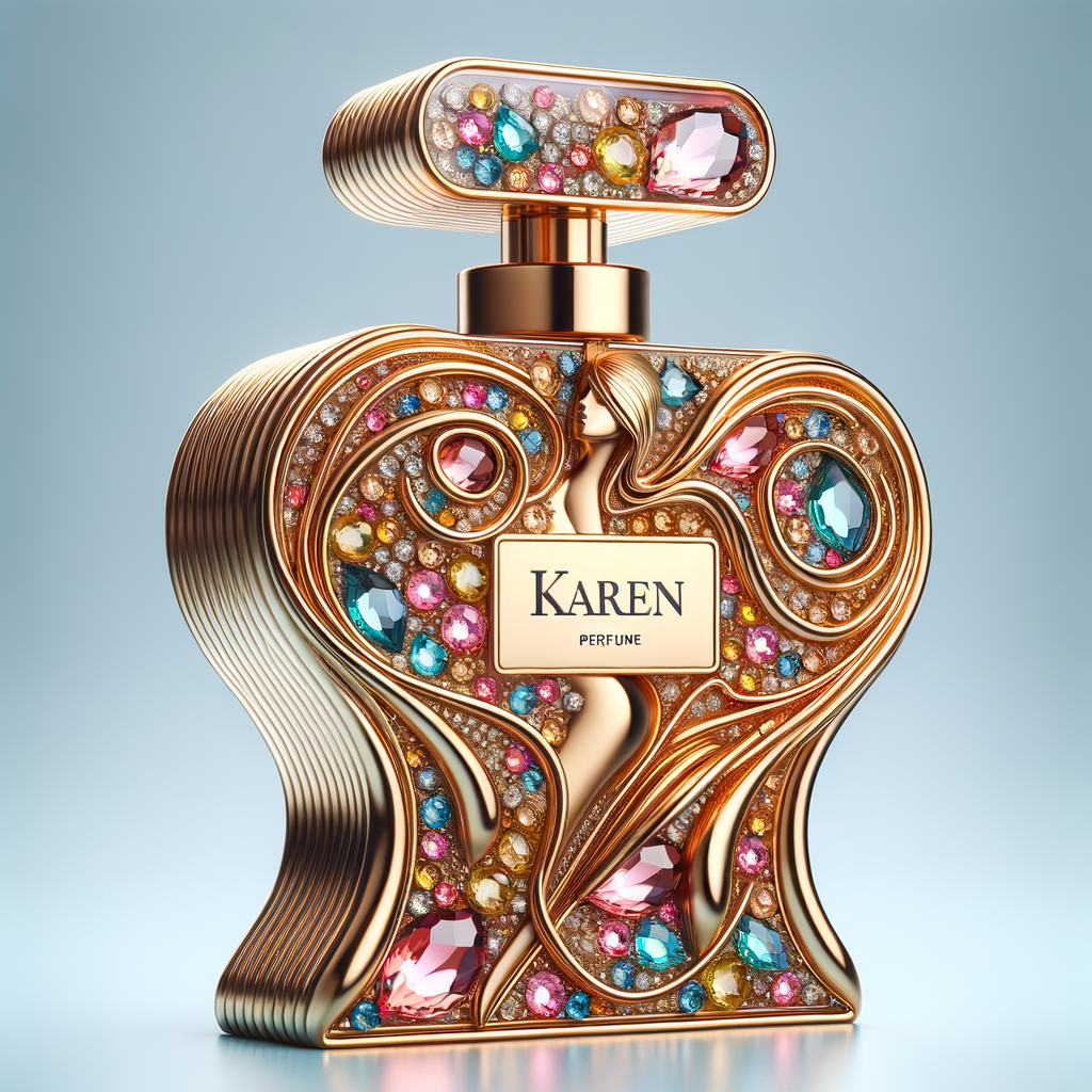 Create a 3-D realistic gold and  blue, colorful jewels perfume bottle
In the shape of a women’s body with the name Karen