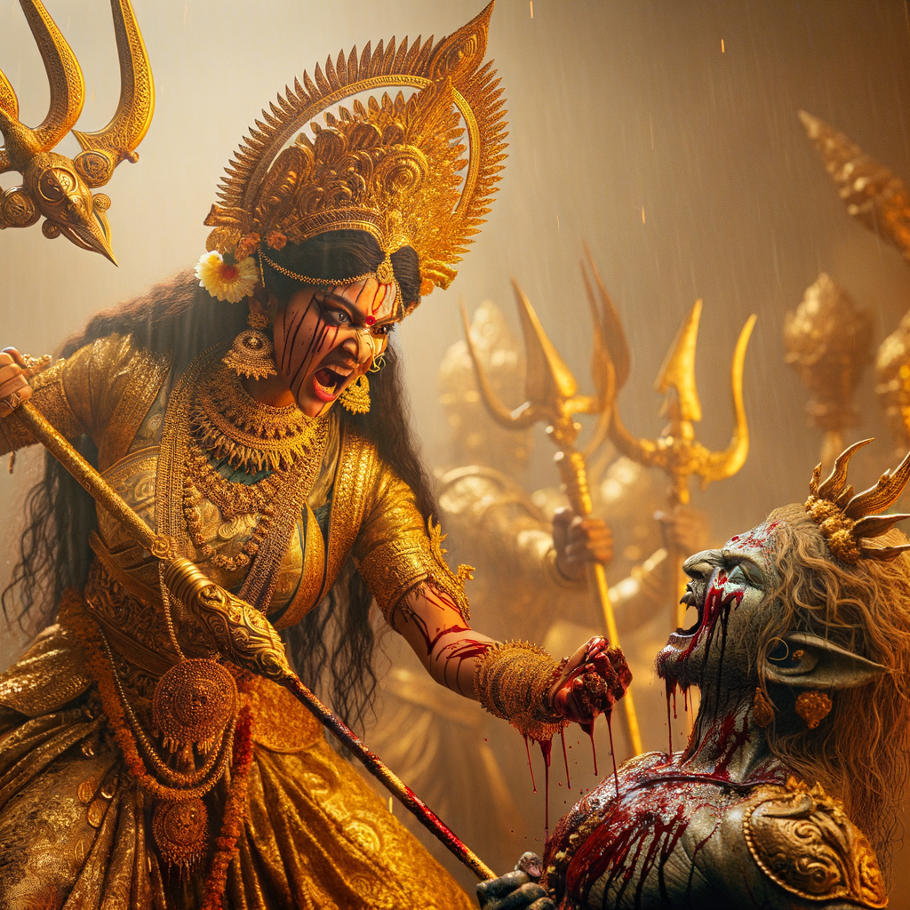 portrait of angry looking goddess durga pinning a weak mahishasur to the ground and stabbing him with her amazingly designed trident. She is wearing gold armor, a huge gold crown, gold saree, abundant  gold jewelry, covered in blood. The scene is set in ancient India. The image is 8K resolution, photography, cinematic, ultra detailed face and epic