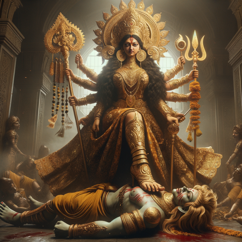 portrait of angry looking goddess durga has her foot on a defeated mahishasur. She is wearing gold armor, a huge gold crown, gold saree, abundant  gold jewelry, covered in blood. Mahishasur laying on ground dead. The scene is set in ancient India. The image is 8K resolution, photography, cinematic, ultra detailed face and epic