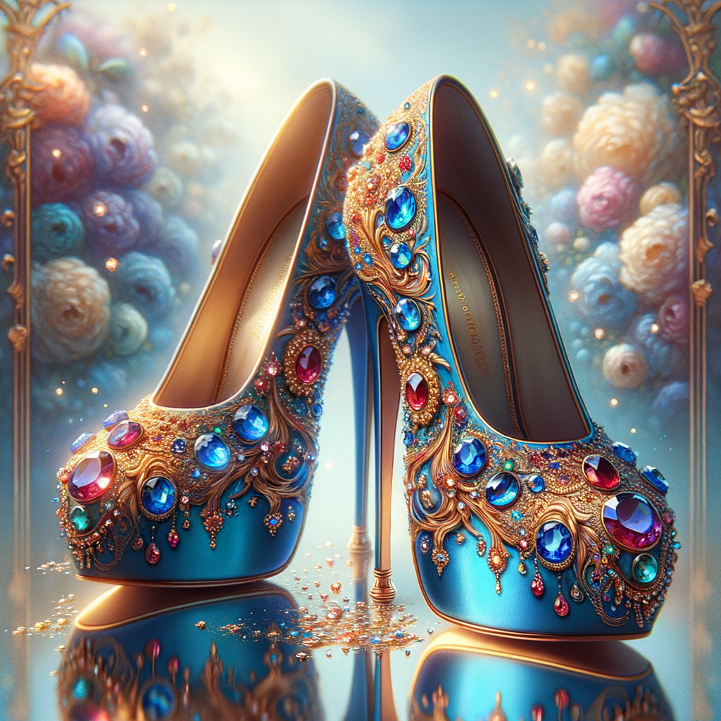 Imagine a pair of enchanting shoes, each a mirror image of the other, placed gracefully upon a regal surface. They are bathed in the soft, diffuse light that casts gentle reflections upon their silk fabric. These shoes are no ordinary footwear; they are a masterpiece of vibrant royal blue, adorned with ornate golden filigree and a multitude of glittering jewels in various hues—rubies, sapphires, emeralds, and delicate pink diamonds. Each shoe boasts an elegant, curved heel in a matching vivid blue, with tiny red and blue gems accenting the base. The shoes are positioned against a backdrop of soft-focus flowers, their pastel colors complementing the rich tones of the shoes, with hints of gold framing providing a touch of opulence. This image captures the essence of a fairy tale brought to life, a visual symphony of color and splendor.