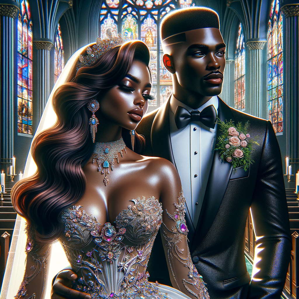 Create a realistic airbrushed illustration of a beautiful African-American couple at their wedding. The woman has flawless makeup, long wavy hair, and wears a spectacular gown adorned with various types of jewels, embodying elegance and sophistication. Her partner, an African-American man, is dressed in a sleek black Gucci suit and sports a fade crop top haircut, adding a modern flair to his dapper appearance. They stand together in a beautiful church, which is enhanced by colorful stained glass windows casting a vibrant glow around them, adding to the solemnity and joy of the occasion. The image should capture the essence of their love and the intricate details of their attire and the setting, all in a heavily HDR style at 300 dpi.