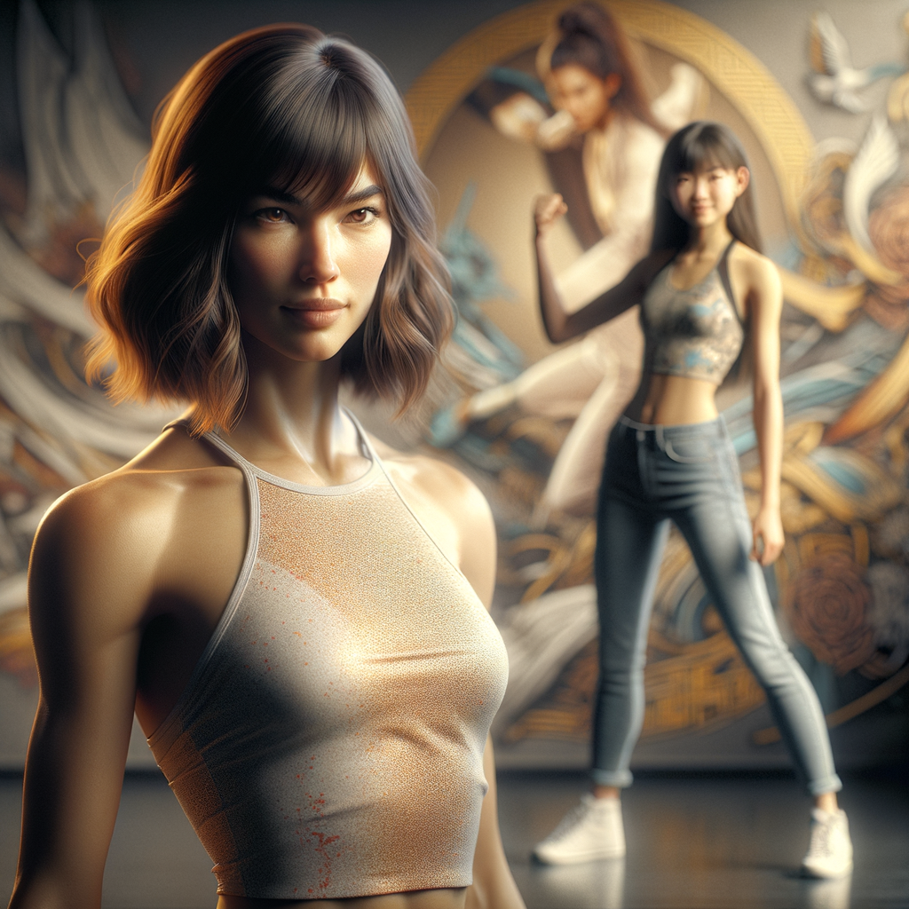 Athletic Thin skinny Attractive, Asian teenage girl, long brown hair and bangs, wearing tight skinny jeans and a halter top paint marks on her clothing, heroic pose Asian graffiti background, backside view