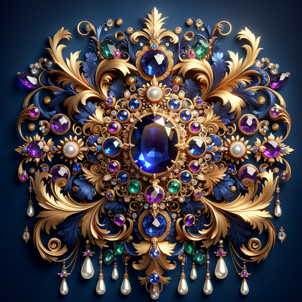 "Design an exquisite, baroque-style ornament composed of ornate gold scrollwork and flourishing acanthus leaves. Central to this design is a grand, oval-cut sapphire, surrounded by an intricate halo of smaller gemstones, including amethysts, emeralds, and pearls. Dangling elegantly from the central motif are various jeweled pendants and teardrop pearls, creating a sense of movement and opulence. The rich colors are set against a deep blue background, accentuating the gold's warm glow. Below this luxurious arrangement, the name 'KAREN' is displayed in an ornate gold script, reflecting the overall sumptuous aesthetic."