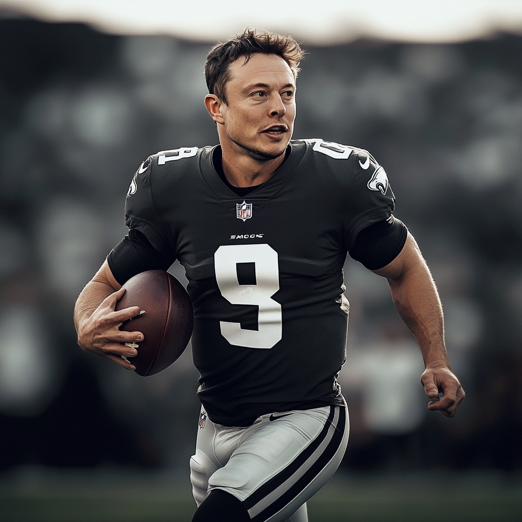 Elon Musk NFL player, there are many players around on the football field, the picture is in motion, gta san address and carton art style