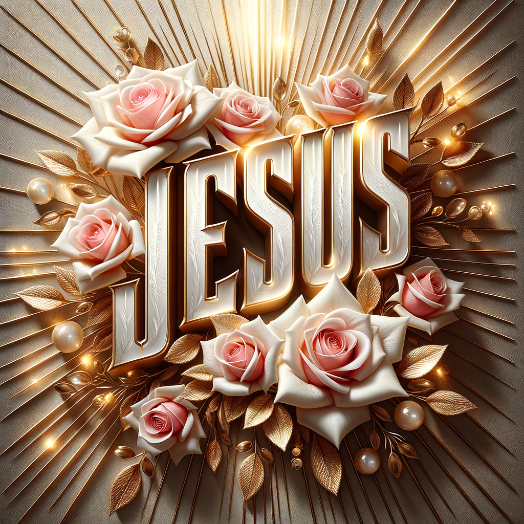 Create an elegant and celebratory image that radiates warmth and grace. At the forefront, craft the word "JESUS" in bold, 3D lettering with a luxurious mix of metallic sheen and white enamel, giving it a raised, tangible feel. Surround the text with a bouquet of beautifully rendered soft pink roses in full bloom, exuding a sense of peace and love. Include accents of gold leaf and small, radiant gemstones that gently scatter light. The backdrop should feature a radiant halo of golden rays emanating outward, enhancing the composition's divine atmosphere. The overall design should convey a sense of reverence and the beauty of faith, all harmoniously balanced and rich in texture.