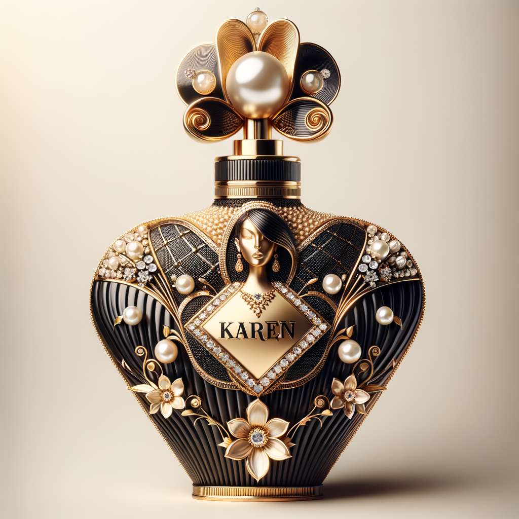 Design a fancy, black and gold bottle of perfume in the shape of a woman’s body. With a golden diamond top, flowers pearls and Diamonds in the name, Karen