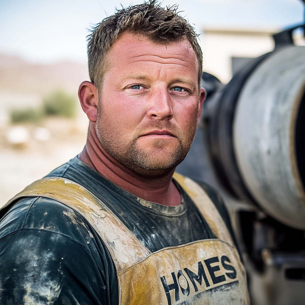 Brian Nobles a real 39 year old Caucasian male who is using  a concrete mixer, he is a  pump operator holding the hose which carries the liquid concrete to the foundation pour, Brian is slowly  beginning his transition into middle age, Brian Nobles is beginning to look like a older middle aged man, he has large reflective blue eyes and a wrinkled brow,Brian has a beard greying balding , prominent large protruding round fat obese belly,,thick greying goatee beard,decreased muscle mass ,very noticeable male pattern balding hairline, Brian Nobles now has a  prominent receding and thinning male hairline (onset male pattern baldness), slightly fat overweight(Caucasian)wearing tight body conforming  glossy satin shiny green and gold tight fitting body conforming UnderArmour athletic bodysuit,emblazoned with the "KD HOMES" real estate logo, standing confidently in front of a newly completed constructed new KD HOME in Victorville California in a raw desert landscape. Brian has a protruding fat obese muscular physique, large male bulge, fat obese muscular frame , shows a substantial frame with a noticeable mature hairline and expressive eyes. His workman’s  pose should reflect his experience in his trade.