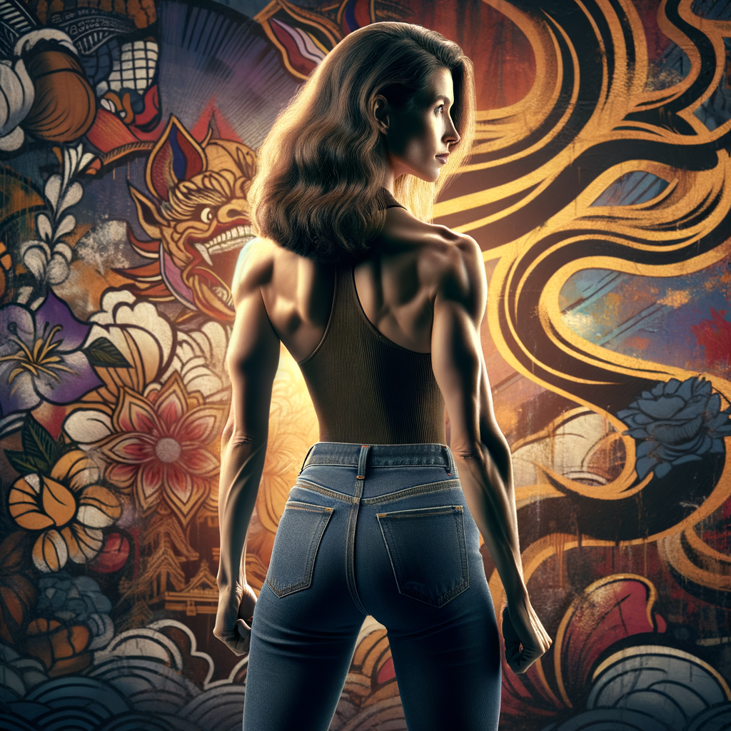 Athletic Thin skinny Attractive, Asian teenage girl, long brown hair and bangs, wearing tight skinny jeans and a halter top paint marks on her clothing, heroic pose Asian graffiti background, backside view