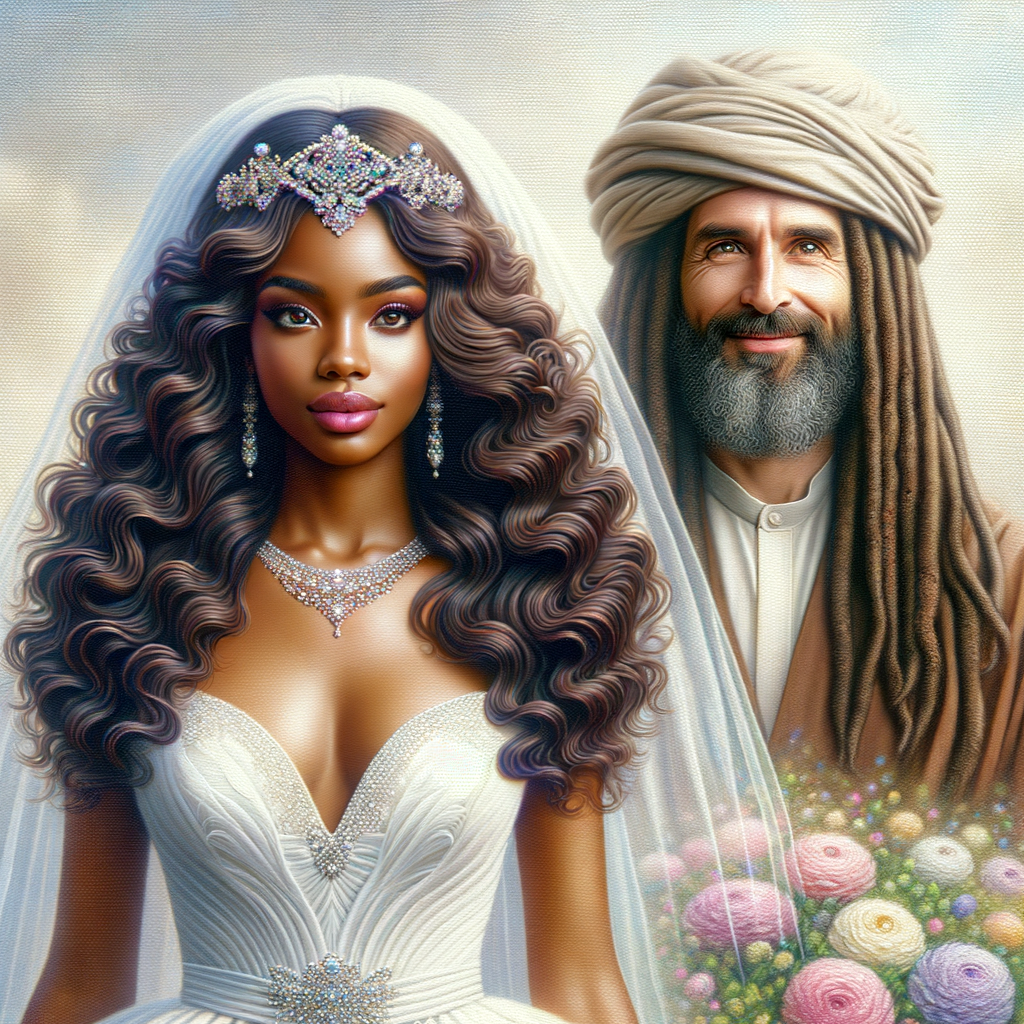 Create a 3-D realistic oil, painting of a beautiful African-American bride. She has long flooring, wavy hair and her gown has beautiful jewels around the neckline. in the background there is a beautiful African-American Jesus Christ with long dreadlocks, and he is smiling. He is very handsome pastel flowers throughout the image.