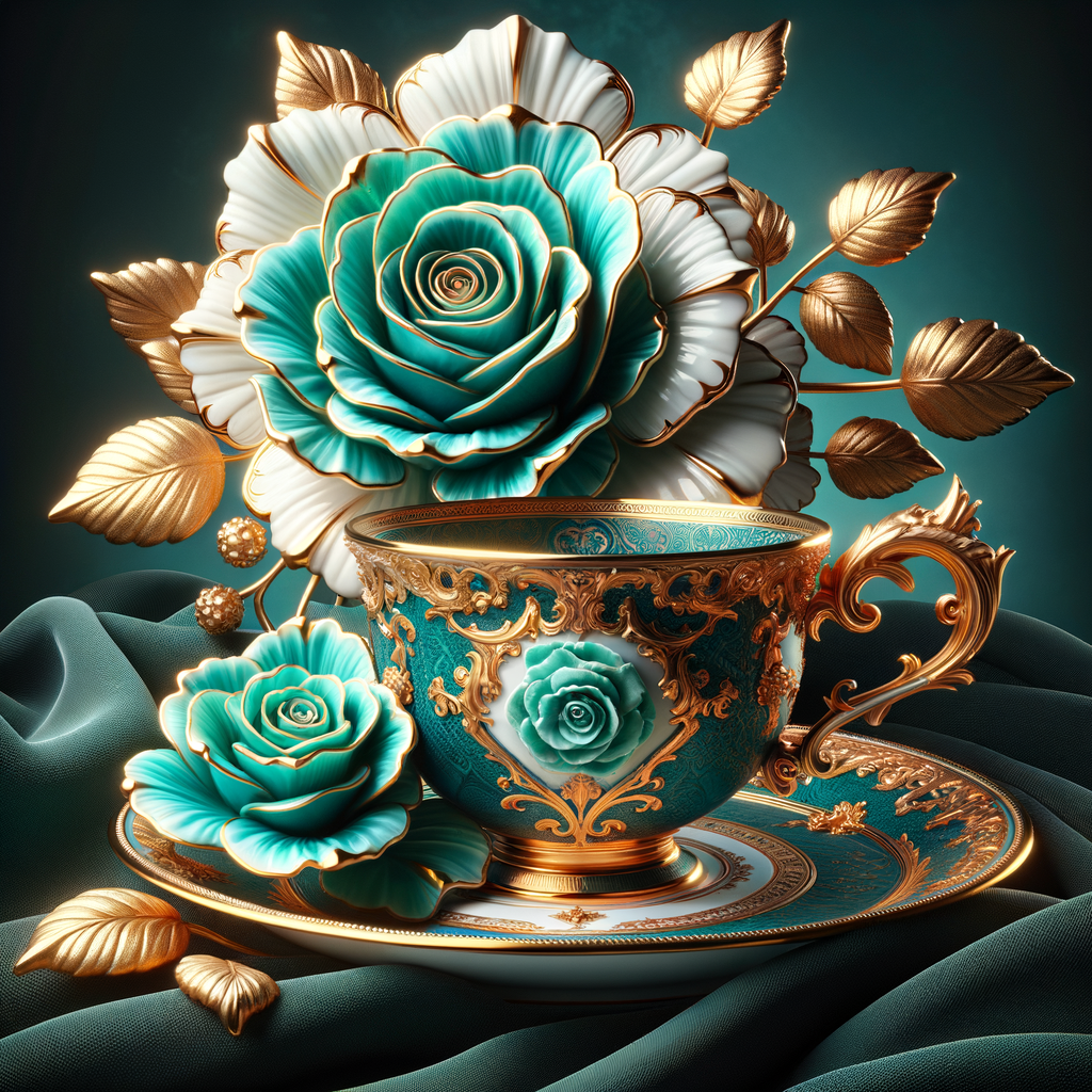 "Create a detailed and elegant image of a turquoise and gold porcelain teacup set on a saucer, named 'Karen.' The cup and saucer should have intricate gold patterns and raised, embossed turquoise roses that look realistic. The handle of the cup should be ornate and gold. In the background, there is a larger white and gold porcelain rose with a stem and leaves, exuding a luxurious and baroque atmosphere. The scene is set against a dark, sophisticated background that contrasts with the bright elegance of the 'Karen' teacup set."