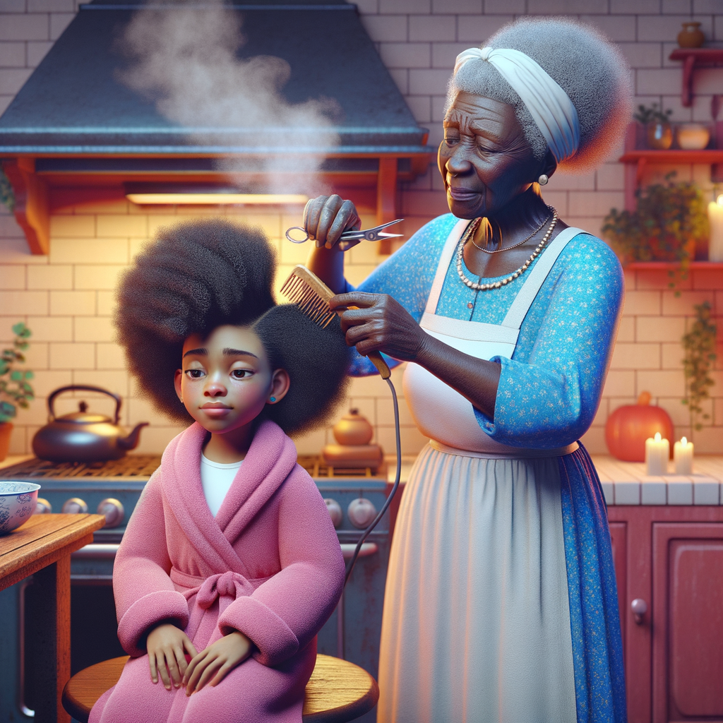 Create a realistic 3-D image of an african-American grandmother wearing a blue house dress and a white apron . She is in the kitchen with her african-American granddaughter. Her granddaughter is wearing a pink bath robe. The grandmother has a hot comb in her hand and she is straightening her granddaughters hair. One side of her granddaughters hair is in  a Afro the other straight 
There is smoke coming from the hot comb
The granddaughter is making a face as if to say grandma that hurt