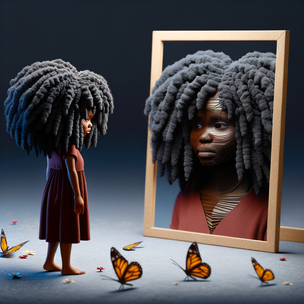 Create a 3-D realistic beautiful African-American  women with thick curly black hair
Looking at herself in the mirror, but the reflection she sees is a child, and she is no longer beautiful. She is ugly with scars. There is a fallen butterfly.