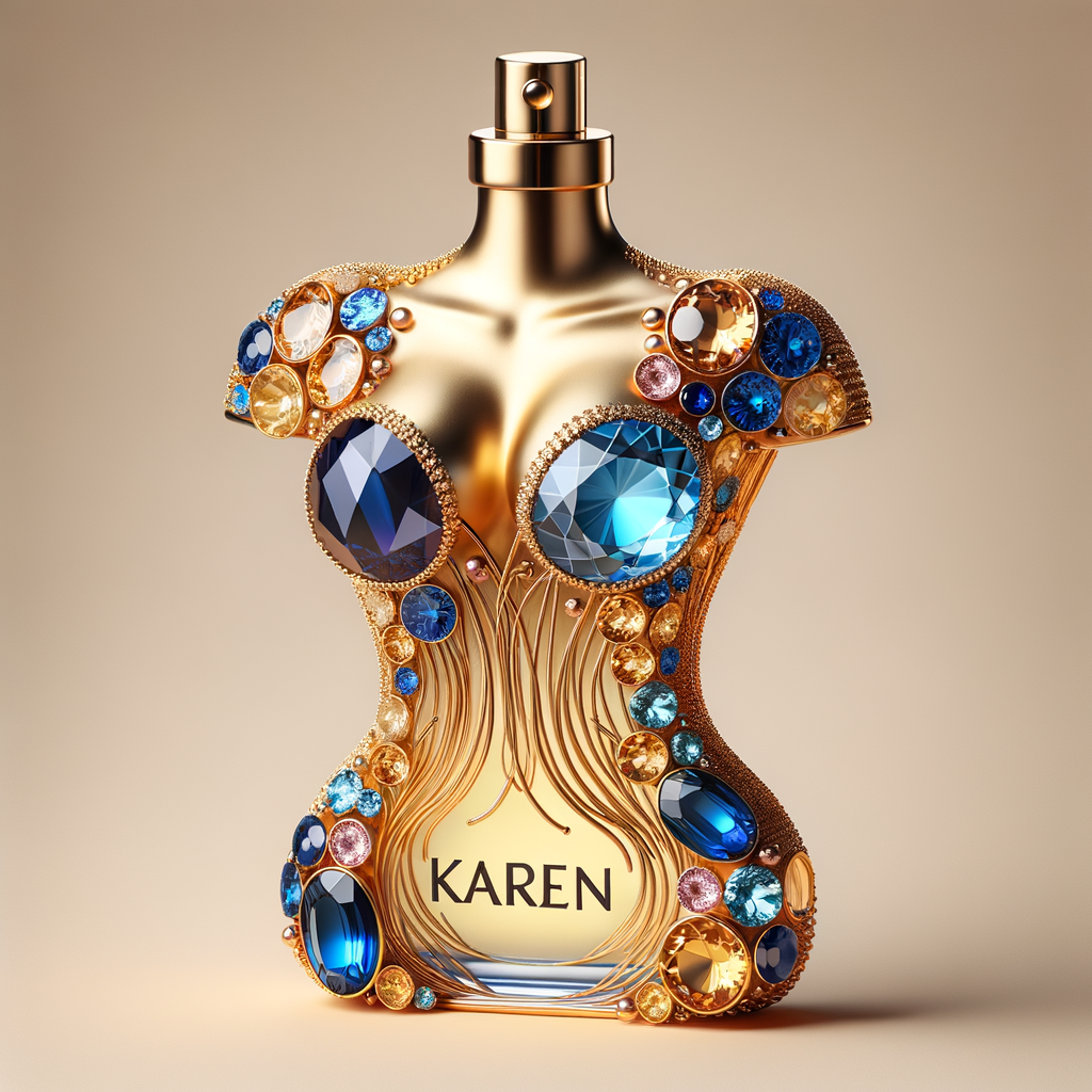 Create a 3-D realistic gold and  blue, colorful jewels perfume bottle
In the shape of a women’s body with the name Karen