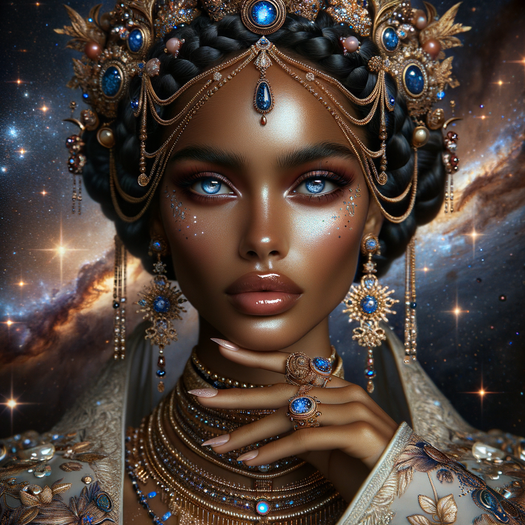 "Create a portrait of a regal  latino woman with an ethereal and cosmic theme. Her skin is a glossy tan brown, with a smooth and flawless finish that reflects light. Her eyes are a striking electric blue, like sapphires, with a makeup that accentuates their shape and the intensity of their color. Her hair is styled into an intricate array of braids, coils, and twists that cascade down and frame her face, adorned with beads and jewels that catch the light. She wears an elaborate headdress made of swirling patterns and motifs that evoke the mysteries of the universe, studded with shimmering stones and intricate enamel work in hues of blue and gold. Her attire consists of a cascade of layered necklaces and a majestic, shoulder-grazing earring, each piece detailed with a mix of precious stones, metals, and intricate beadwork. The background is a tapestry of stars and nebulas, suggesting a connection to the cosmos. Her pose is serene, with a hand gracefully touching her chin, adorned with rings that complement her other jewelry, all coming together to suggest an aura of wisdom and grace."