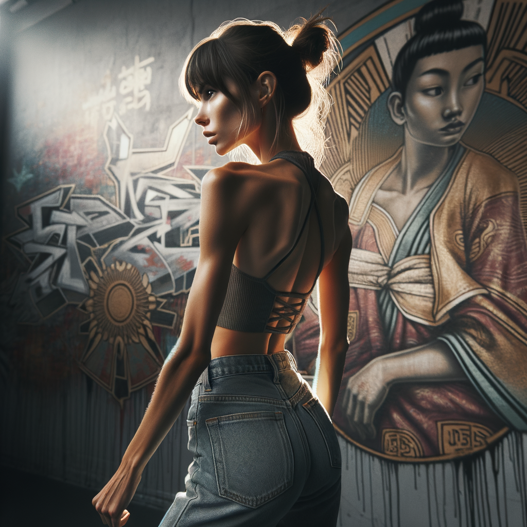 Athletic Thin skinny Attractive, Asian teenage girl, long brown hair and bangs, wearing tight skinny jeans and a halter top paint marks on her clothing, heroic pose Asian graffiti background, backside view