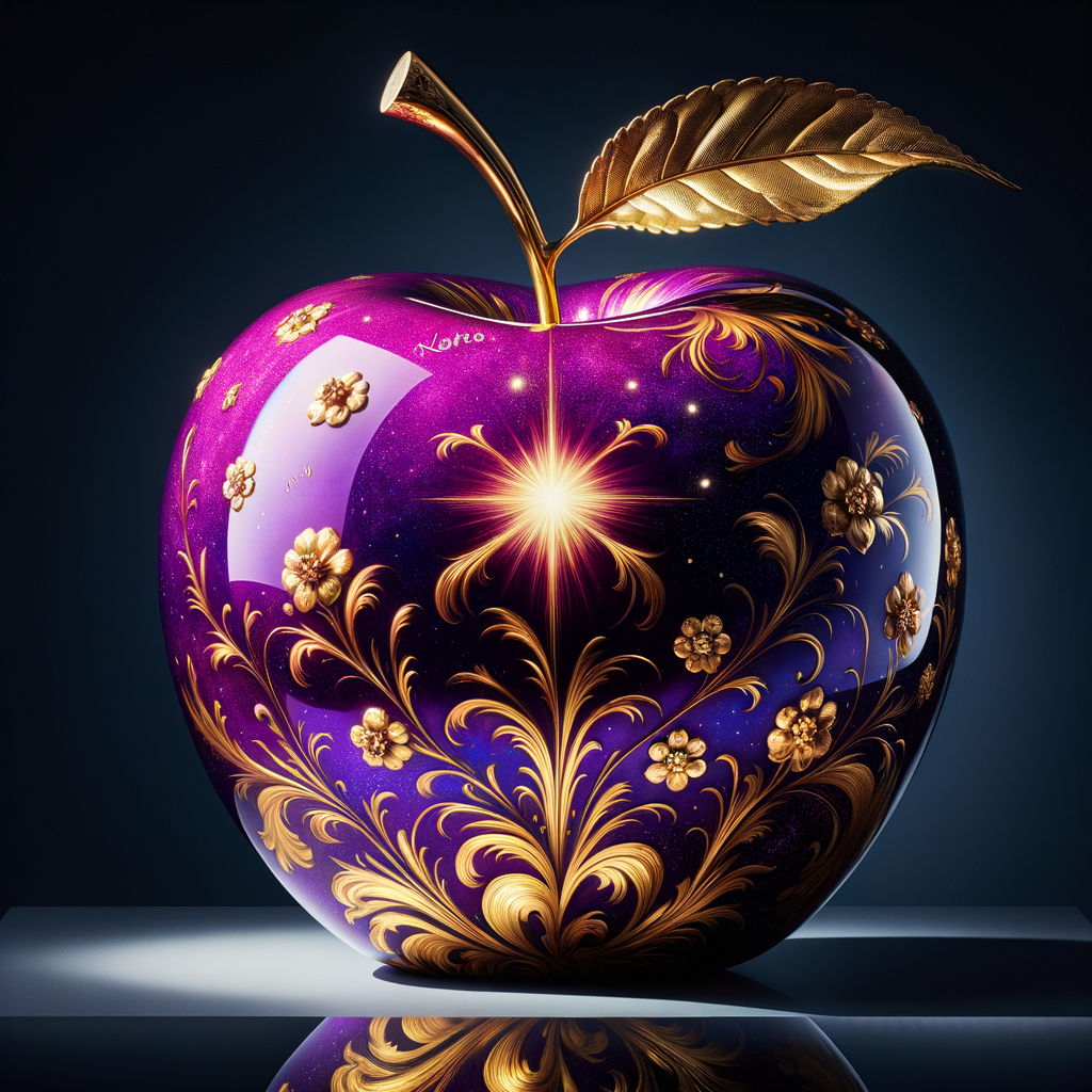 Envision a lustrous, oversized apple with a surface that gleams in a radiant shade of purple, as if lacquered to a high shine, reflecting light from its smooth, curvaceous form. The apple is adorned with elegant gold leaf patterns that swirl luxuriously around its contour, bringing a baroque opulence to its appearance. The stem, a bronzed sculpture in itself, supports a single leaf that seems to glow with an inner luminescence. At the apple’s base, a collection of flowers blooms, their petals softening the scene with organic shapes and colors that harmonize with the vibrant purple and gold. Incorporated into the metallic filigree in an artful script is the name "Karen," as if the apple were personally inscribed, enhancing the custom and bespoke quality of the piece.