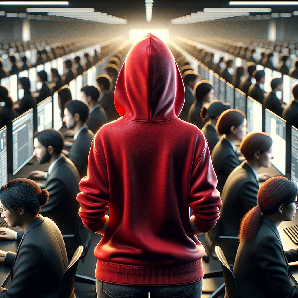 Backside profile of a young woman wearing red hodie, surrounded by peoples with black suits who work in front of computer screens