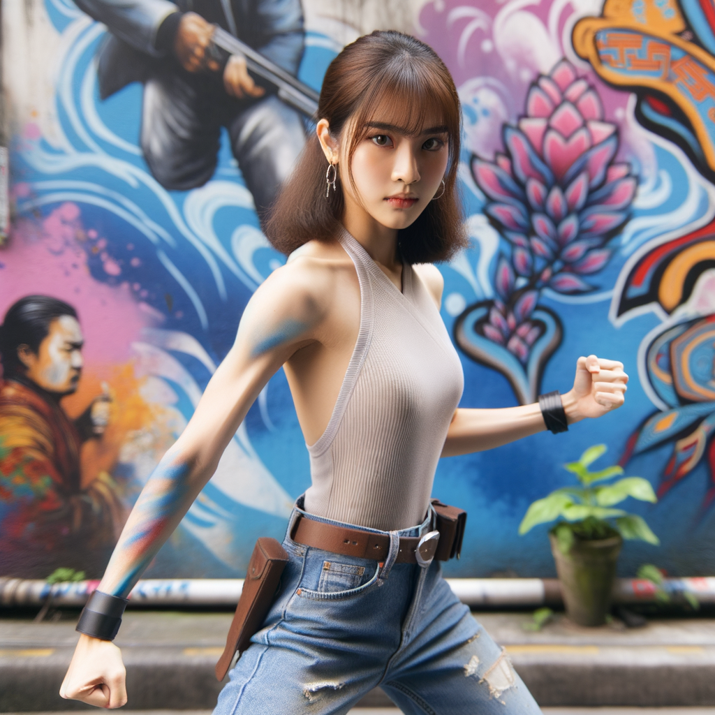 Athletic Thin skinny Attractive, Asian teenage girl, long brown hair and bangs, wearing tight skinny jeans and a halter top paint marks on her clothing, heroic pose Asian graffiti background