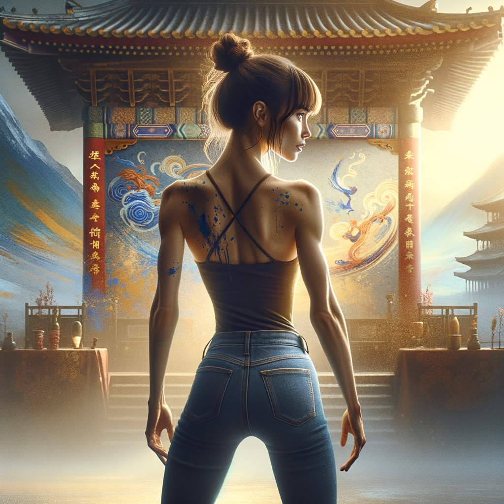 Athletic Thin skinny Attractive, Asian teenage girl, long brown hair and bangs, wearing tight skinny jeans and a halter top paint marks on her clothing, heroic pose Asian graffiti background, backside view