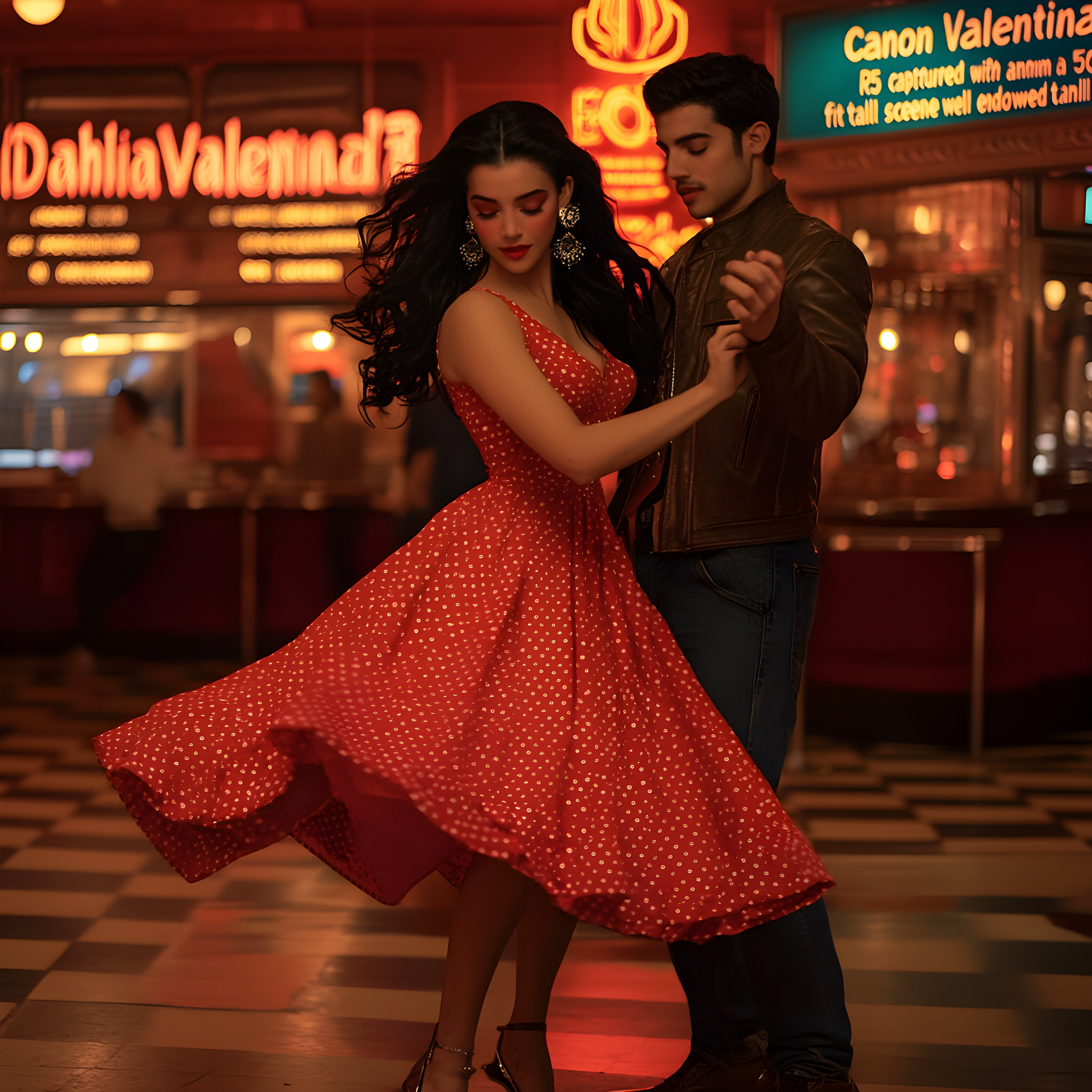 “A vibrant mid-century dance hall scene captured with a Canon EOS R5 and a 50mm f/1.2 lens. the image is focused on Dahlia Valentina fit tall supple well endowed tanned Italian American model (DahliaValentina_ai) stands in the center of a 1950s rockabilly dance, spinning in a bright red polka-dot dress with a fitted bodice and a flared skirt that lifts as she twirls. Her long wavy black hair is tied up with a matching headscarf, and she wears classic cat-eye eyeliner with a bold red lip. She dances with a charming partner dressed in a leather jacket and cuffed jeans, both caught mid-motion in a lively jitterbug step. The neon signs glow behind them, casting warm reflections on the checkered dance floor. The energy of the crowd, jukebox music, and the flickering of retro diner lights add to the nostalgic atmosphere. The composition follows dynamic angles, emphasizing movement and vintage allure.”