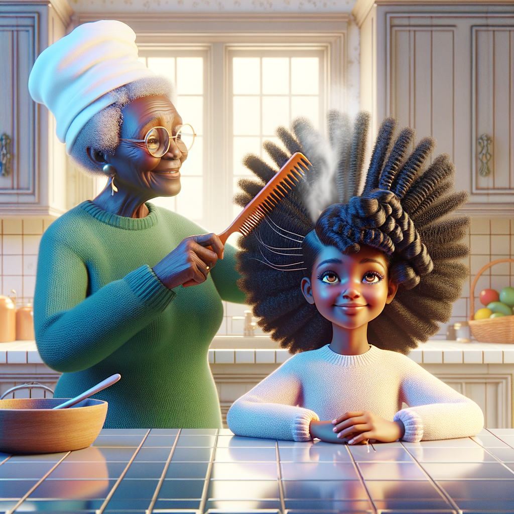 Create a realistic 3-D image of an african-American grandmother in the kitchen with her african-American granddaughter. The grandmother has a hot comb in her hair and she is straightening her granddaughters hair. One side of her granddaughters hair is in  a Afro the other is bone straight 
There is smoke coming from the hot comb