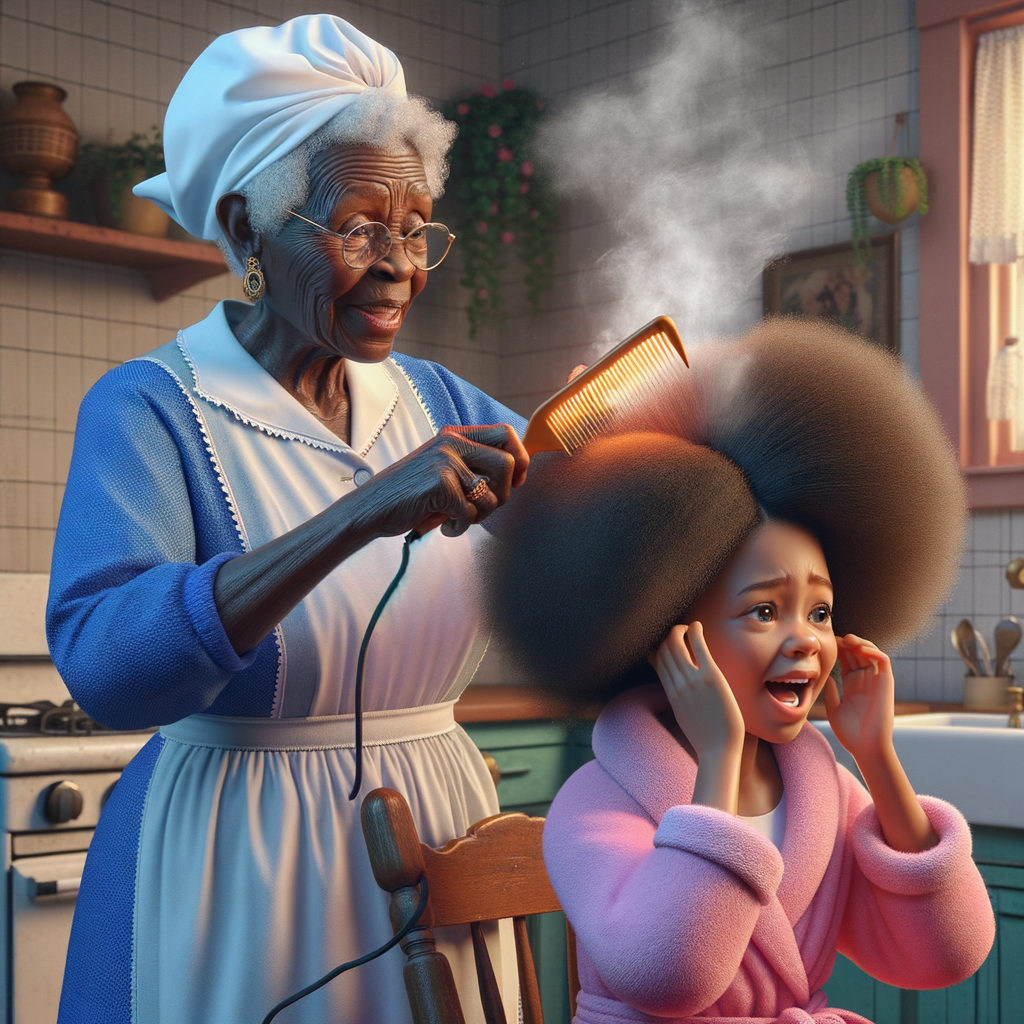 Create a realistic 3-D image of an african-American grandmother wearing a blue house dress and a white apron . She is in the kitchen with her african-American granddaughter. Her granddaughter is wearing a pink bath robe. The grandmother has a hot comb in her hand and she is straightening her granddaughters hair. One side of her granddaughters hair is in  a Afro the other straight 
There is smoke coming from the hot comb
The granddaughter is holding her ear and making a funny face