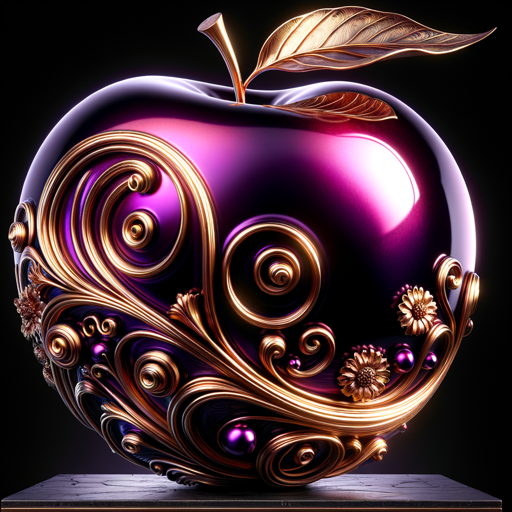 Envision a lustrous, oversized apple with a surface that gleams in a radiant shade of purple, as if lacquered to a high shine, reflecting light from its smooth, curvaceous form. The apple is adorned with elegant gold leaf patterns that swirl luxuriously around its contour, bringing a baroque opulence to its appearance. The stem, a bronzed sculpture in itself, supports a single leaf that seems to glow with an inner luminescence. At the apple’s base, a collection of flowers blooms, their petals softening the scene with organic shapes and colors that harmonize with the vibrant purple and gold. Incorporated into the metallic filigree in an artful script is the name "Karen," as if the apple were personally inscribed, enhancing the custom and bespoke quality of the piece.