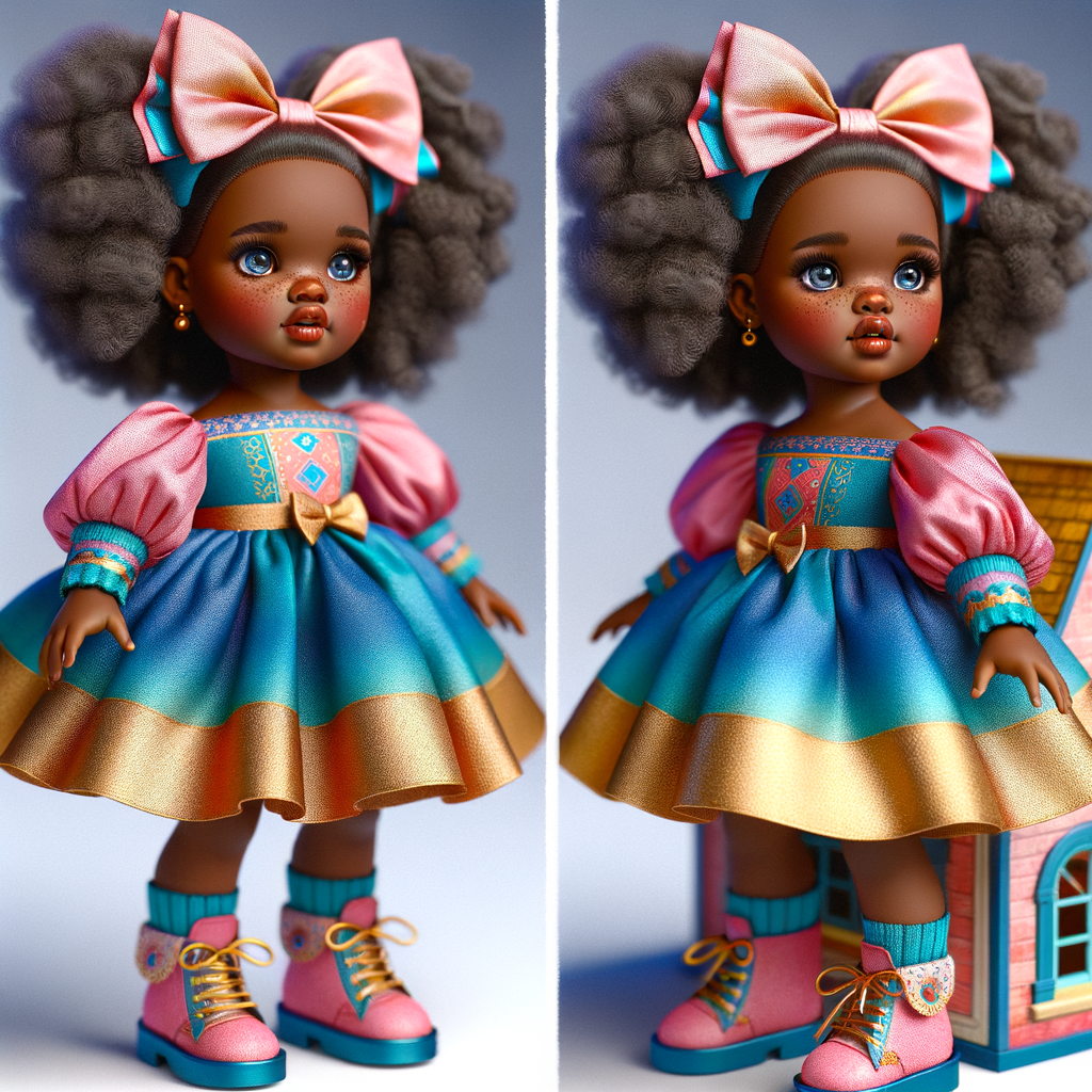 Design a 3-D realistic original African-American Cabbage Patch doll. She has on a blue pink and gold dress with matching booties. She has pink and blue bows in her hair. she lives inside of a colorful dollhouse. She has freckles and big dimples.