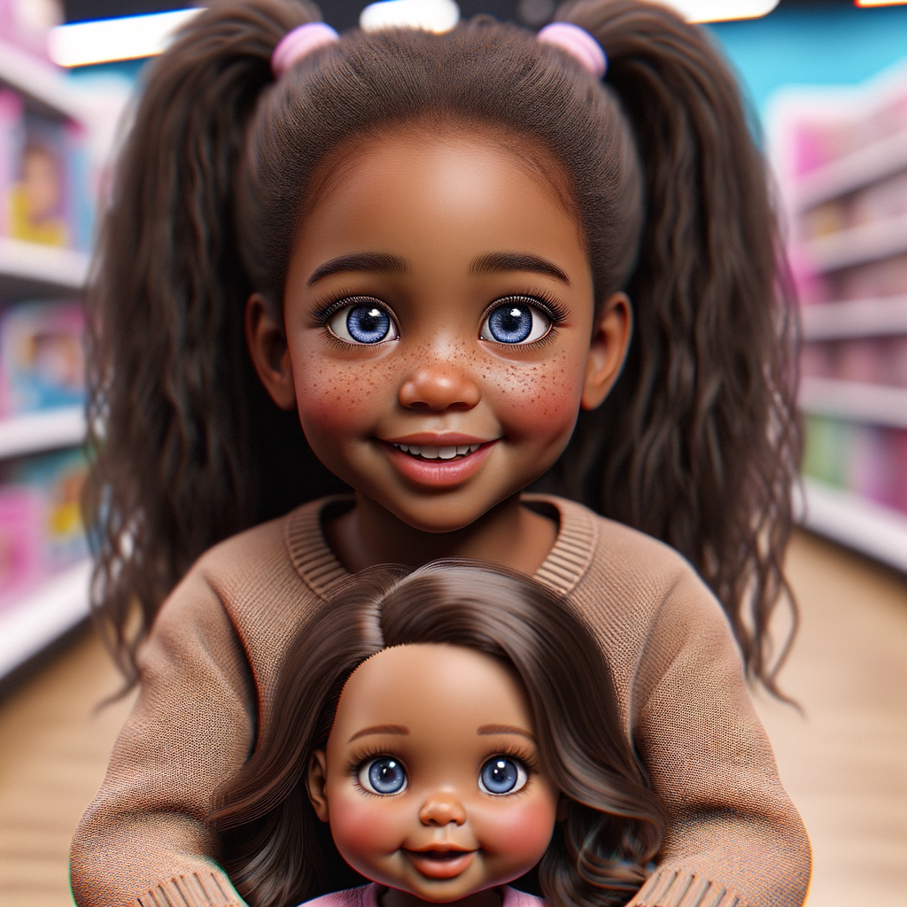 Create a 3-D realistic image of an African-American little girl above the age of five she has huge, blue eyes and thick long ponytails.
She is in a toy store and she is playing with her favorite african-American Cabbage Patch doll , the doll has deep, dimples and freckles