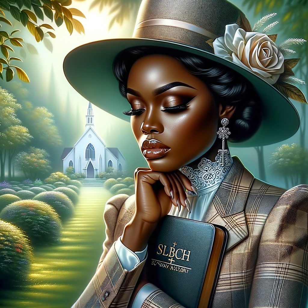 Render an airbrush oil painting of an African American woman with flawless makeup in a
contemplative pose, holding a Bible close to her heart, dressed in an elegant Sunday Best
outfit with a distinctive Church Hat. The background features a peaceful church garden,
with light filtering through the trees, highlighting her spiritual connection and the personal
moment of reflection. The artwork should capture the tranquility of the scene, the beauty
of her attire, and the depth of her contemplation, reflecting a serene and spiritually