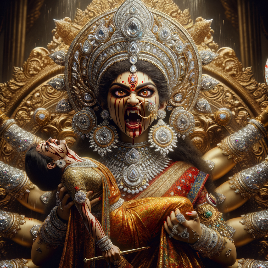 portrait of angry looking goddess durga, sitting on a gold crown and carrying a weak mahishasur on her lap. She is wearing diamond armor, a huge diamond crown, red saree, abundant diamond jewelry, covered in blood. The scene is set in ancient India. The image is 8K resolution, cinematic, ultra detailed face and epic.