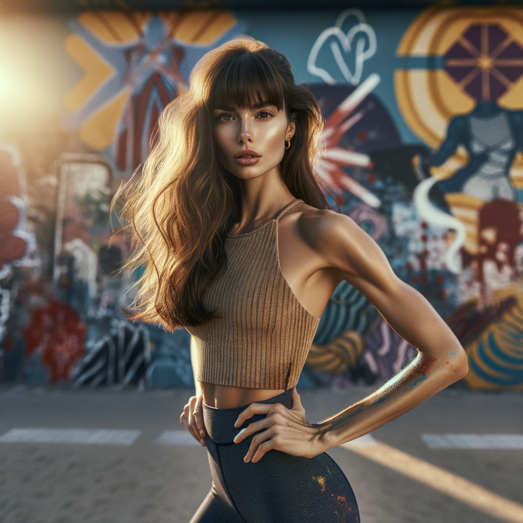 Athletic Thin skinny Attractive, Asian teenage girl, long brown hair and bangs, wearing tight skinny jeans and a halter top paint marks on her clothing, heroic pose Asian graffiti background, side view