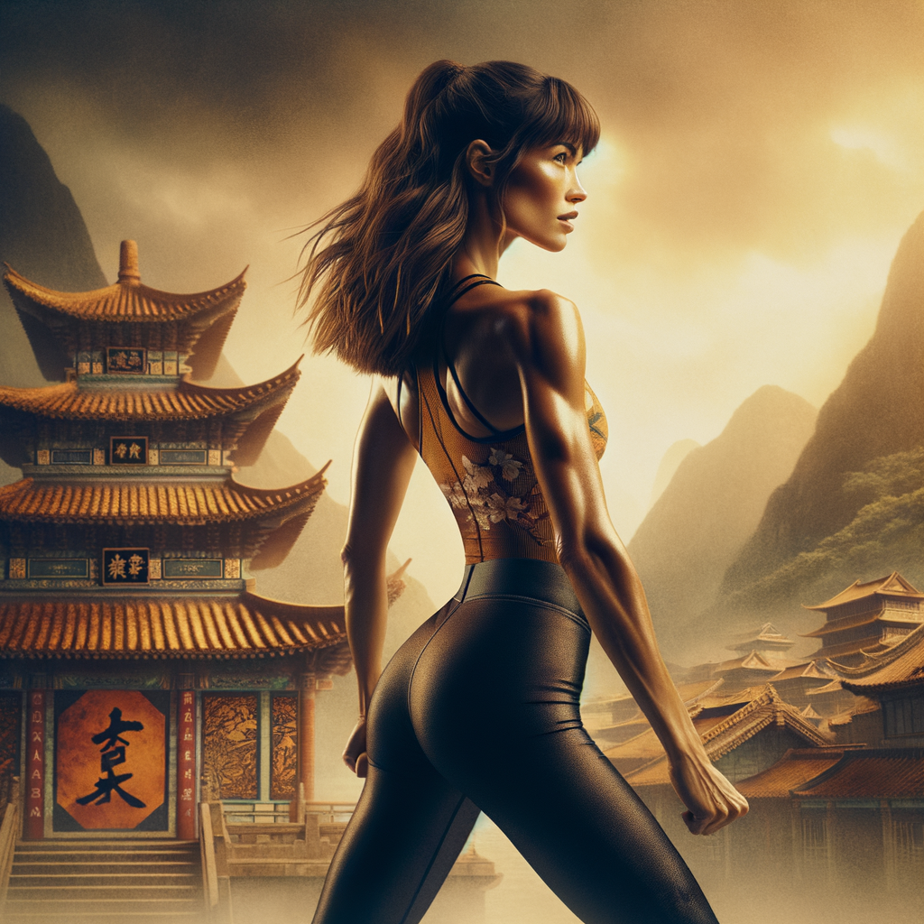 Athletic Thin skinny Attractive, Asian teenage girl, long brown hair and bangs, wearing tight skinny jeans and a halter top paint marks on her clothing, heroic pose Asian graffiti background, backside view