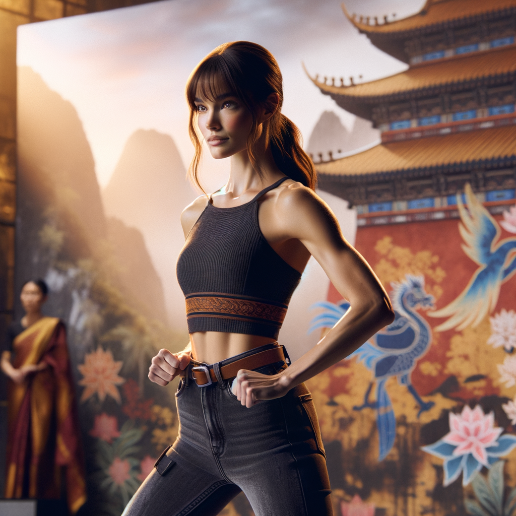 Athletic Thin skinny Attractive, Asian teenage girl, long brown hair and bangs, wearing tight skinny jeans and a halter top paint marks on her clothing, heroic pose Asian graffiti background, side view