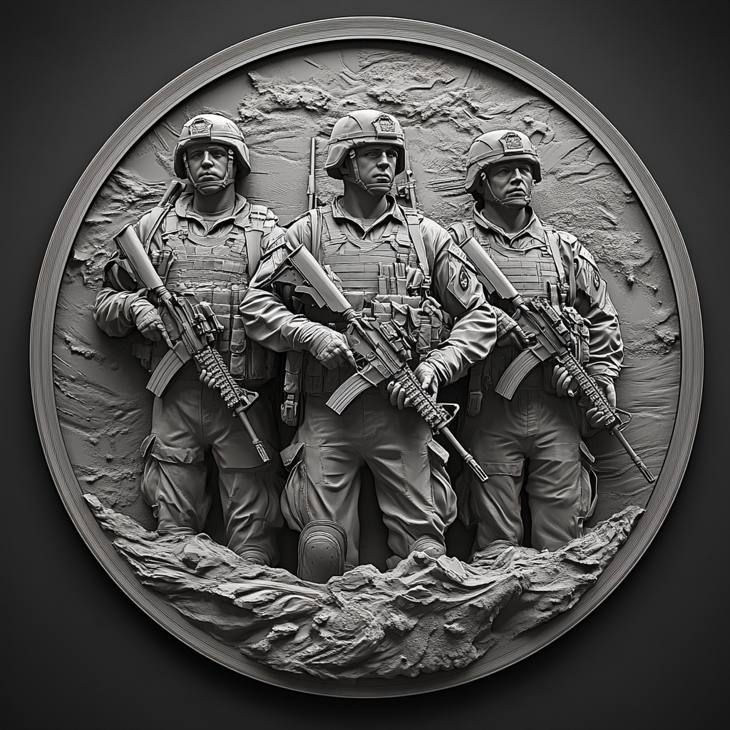 Design a high-contrast grayscale 3d bas relief of three marine soldiers, The composition should be circular like a coin emblem, designed for CNC routing with balanced lighting to accentuate fine details, sharp edges, and distinct textures. Employ deep shadows and strong highlights to define planes and surfaces clearly.