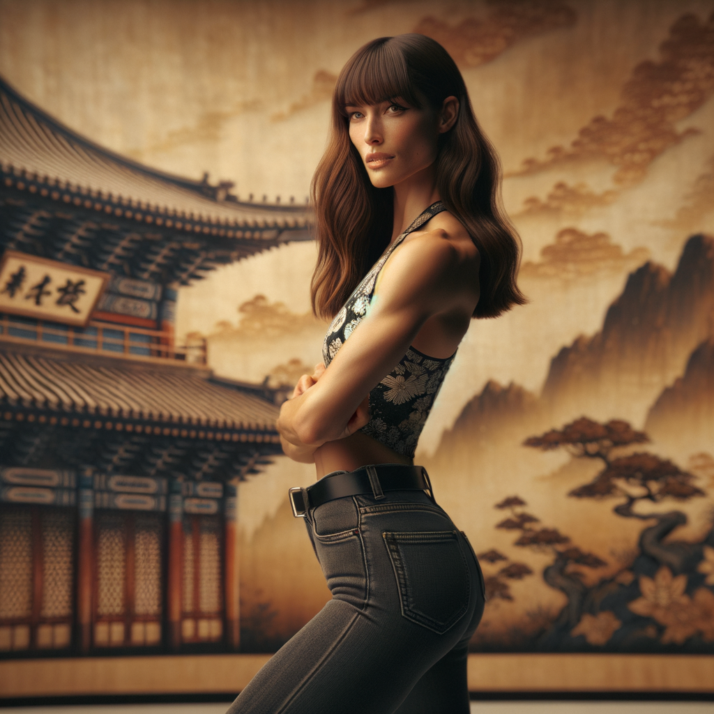 Athletic Thin skinny Attractive, Asian teenage girl, long brown hair and bangs, wearing tight skinny jeans and a halter top paint marks on her clothing, heroic pose Asian graffiti background, backside view