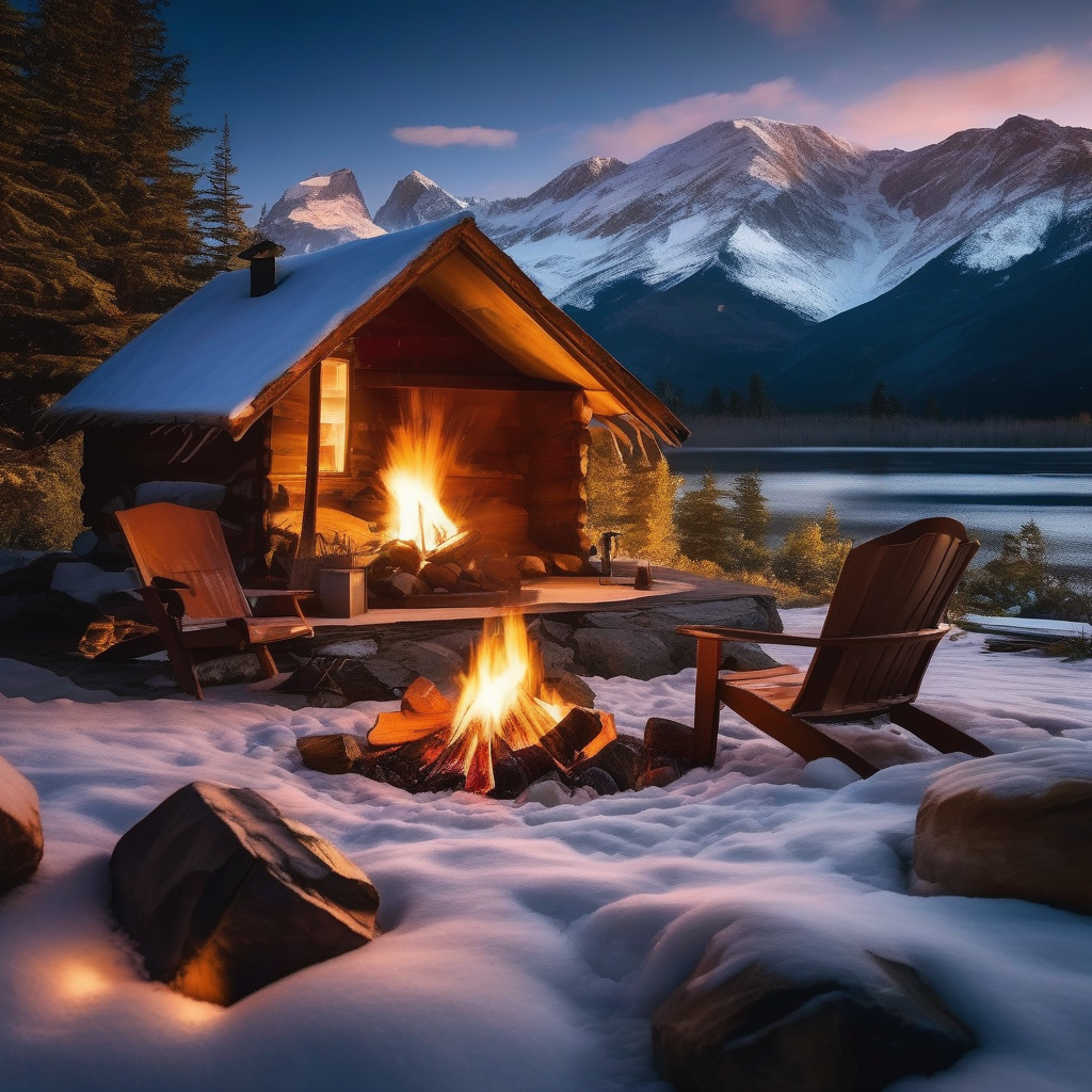 Snowy mountain range with cabin & campfire